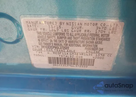 2016 Nissan Versa Note Sv z USA, uszkodzony, nr VIN 3N1CE2CP9GL372522